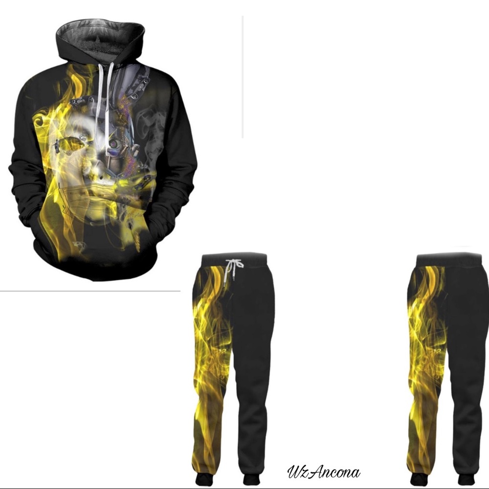 3D set joggers & hoodie futuristic Contemporary Robotic face sweatshirt medium W